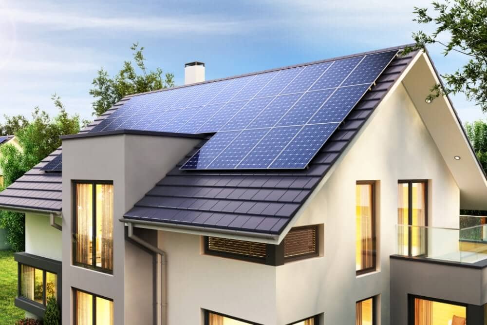 3D rendered house with solar panels on the roof