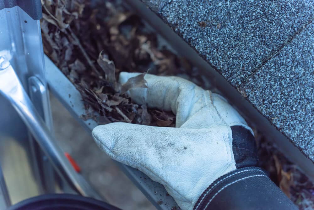 closeup of hands scooping leaves and debris from gutter