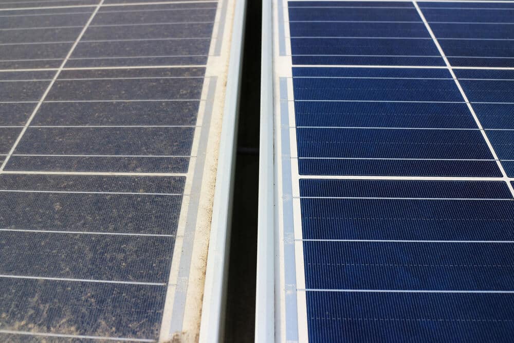 side by side comparison of clean and dirty solar panels